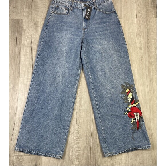 Ed Hardy Heart Dagger Love Wide Leg Loose Fit Retro Light Jeans Size 32 Y2K R - Picture 6 of 11